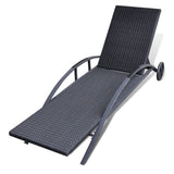 Sun Lounger with Cushion & Wheels Poly Rattan Black - 45-Degree Angle