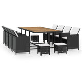 13 Piece Outdoor Dining Set Poly Rattan and Acacia Wood Black - Front View