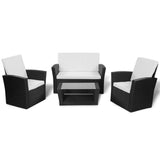4 Piece Garden lounge set with Cushions Poly Rattan Black - Front View