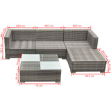 5 Piece Garden Lounge Set with Cushions Poly Rattan Grey - Close-Up Angle