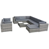 10 Piece Garden Lounge Set with Cushions Poly Rattan Grey - Front View