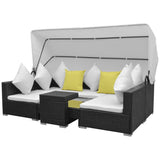 7 Piece Garden Lounge Set with Canopy Poly Rattan Black - Front View