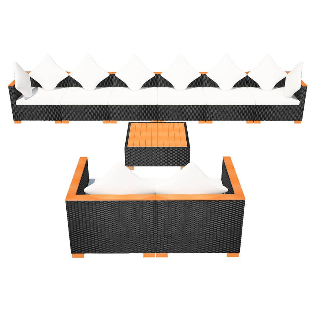 9 Piece Garden Lounge Set with Cushions Poly Rattan Black
