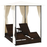 Double Sun Lounger with Curtains Poly Rattan Brown - Side View