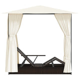 Double Sun Lounger with Curtains Poly Rattan Brown - 45-Degree Angle
