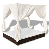 Outdoor Lounge Bed with Curtains Poly Rattan Brown - Front View