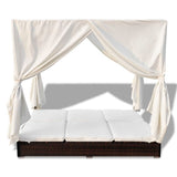 Outdoor Lounge Bed with Curtains Poly Rattan Brown - Side View