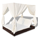 Outdoor Lounge Bed with Curtains Poly Rattan Brown