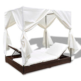 Outdoor Lounge Bed with Curtains Poly Rattan Brown - Close-Up Angle