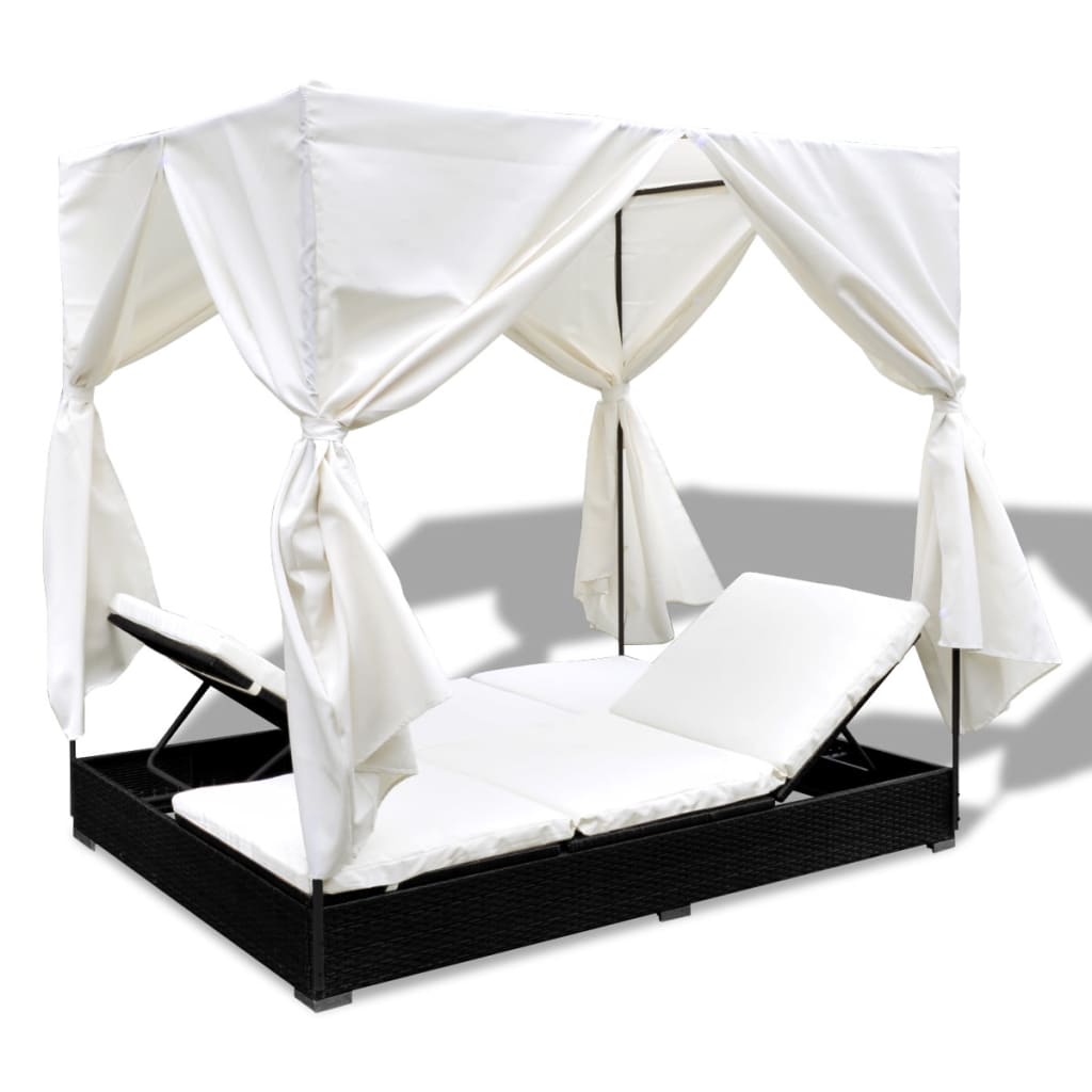 Outdoor Lounge Bed with Curtains Poly Rattan Black