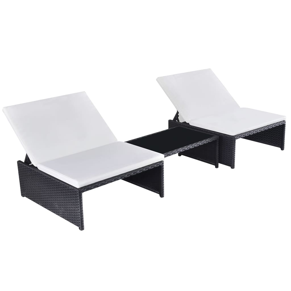 Reclining Garden Chairs 2 pcs with Table Black Poly Rattan