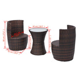 3 Piece Bistro Set with Cushions Poly Rattan Brown - Low Angle