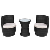 3 Piece Bistro Set with Cushions Poly Rattan Black - Front View
