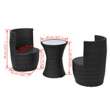 3 Piece Bistro Set with Cushions Poly Rattan Black - Low Angle