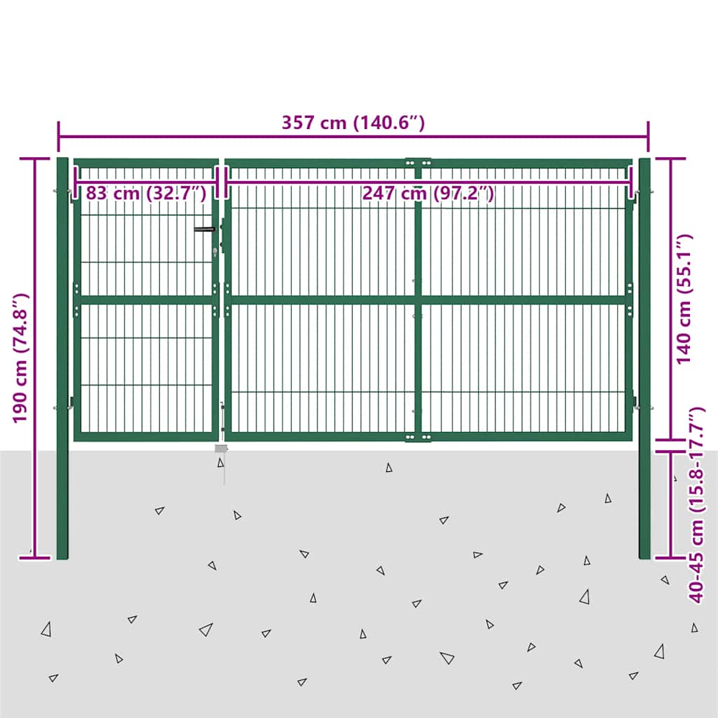 Garden Fence Gate with Posts 350x140 cm Steel Green