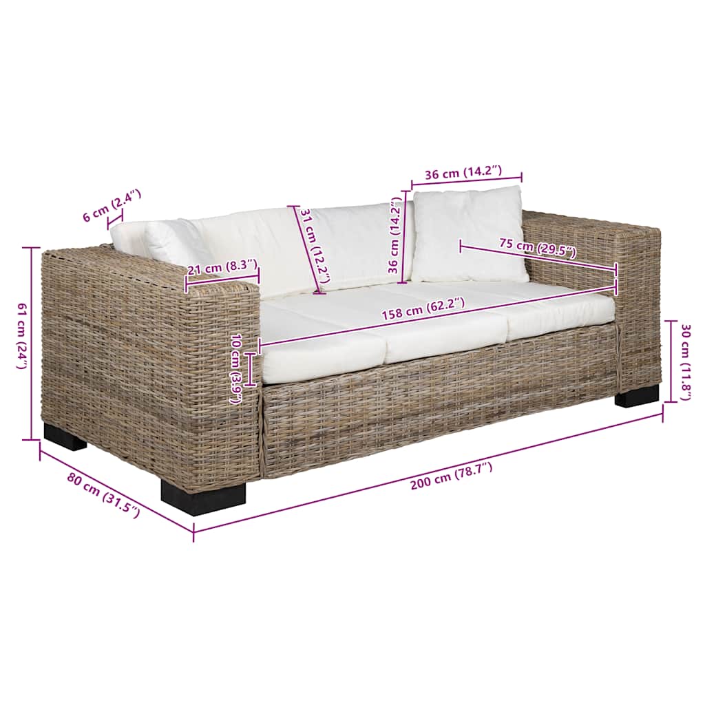 Eight Piece 3-Seater Sofa Set Real Rattan