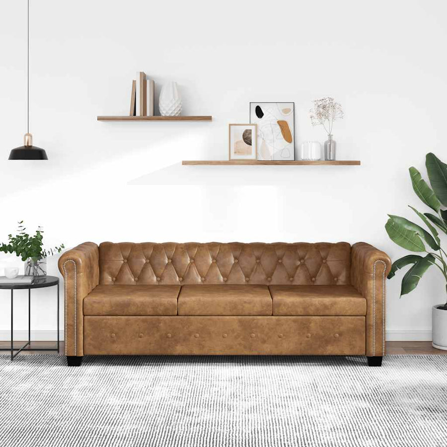 Chesterfield Sofa 3-Seater Artificial Leather Brown