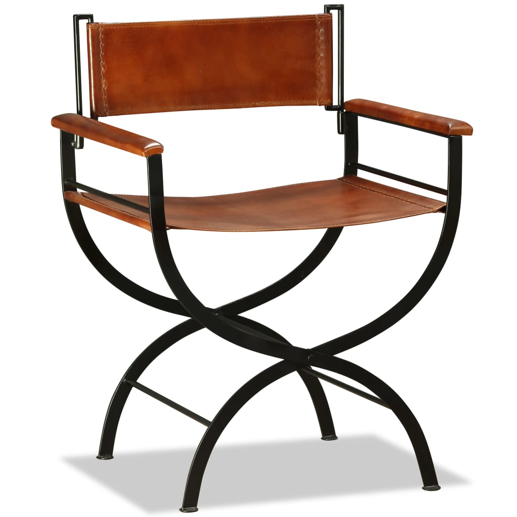Folding Chair Black and Brown Real Leather
