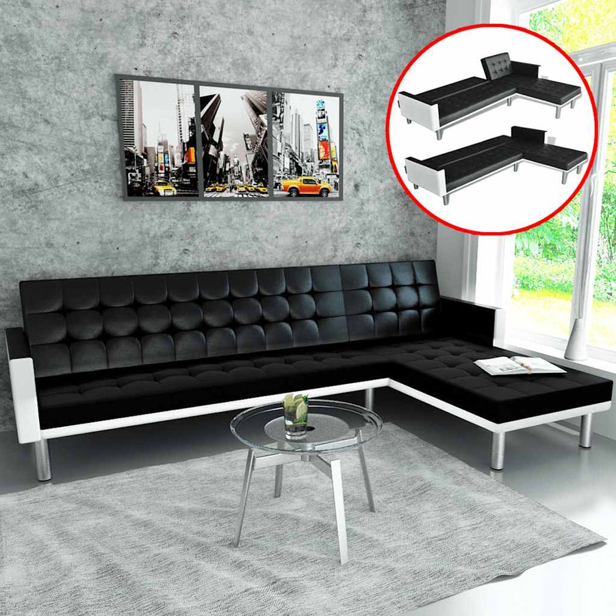 L-shaped Sofa Bed Faux Leather Black
