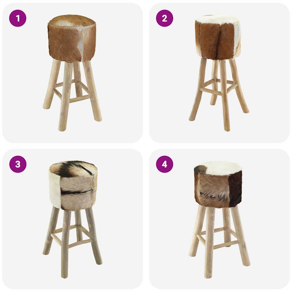 Bar Stool Goatskin Leather and Solid Teak Wood