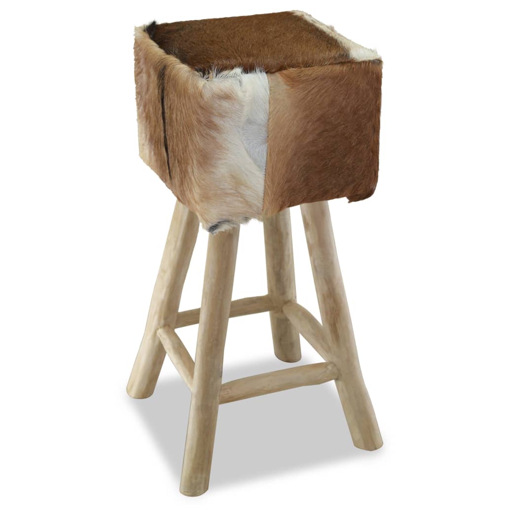 Bar Stool Goatskin Leather and Solid Teak Wood