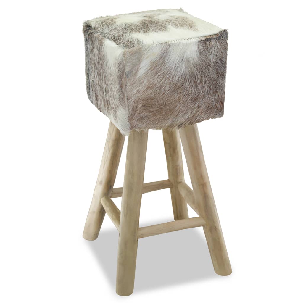 Bar Stool Goatskin Leather and Solid Teak Wood