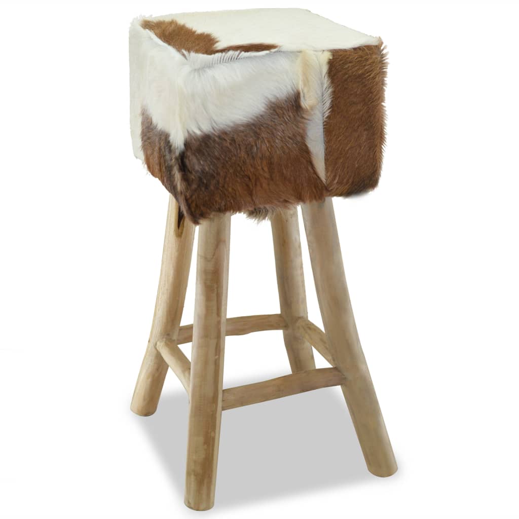 Bar Stool Goatskin Leather and Solid Teak Wood