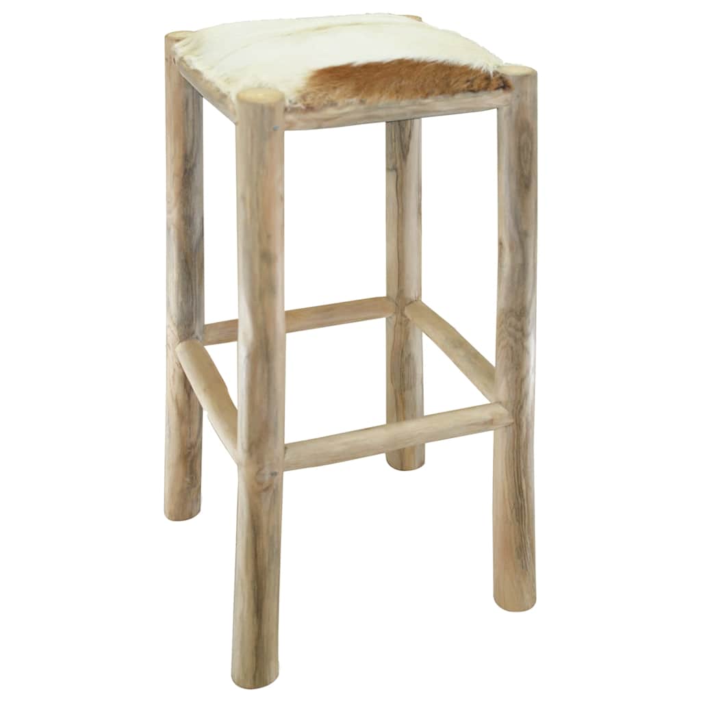 Bar Stool Goatskin Leather and Solid Teak Wood