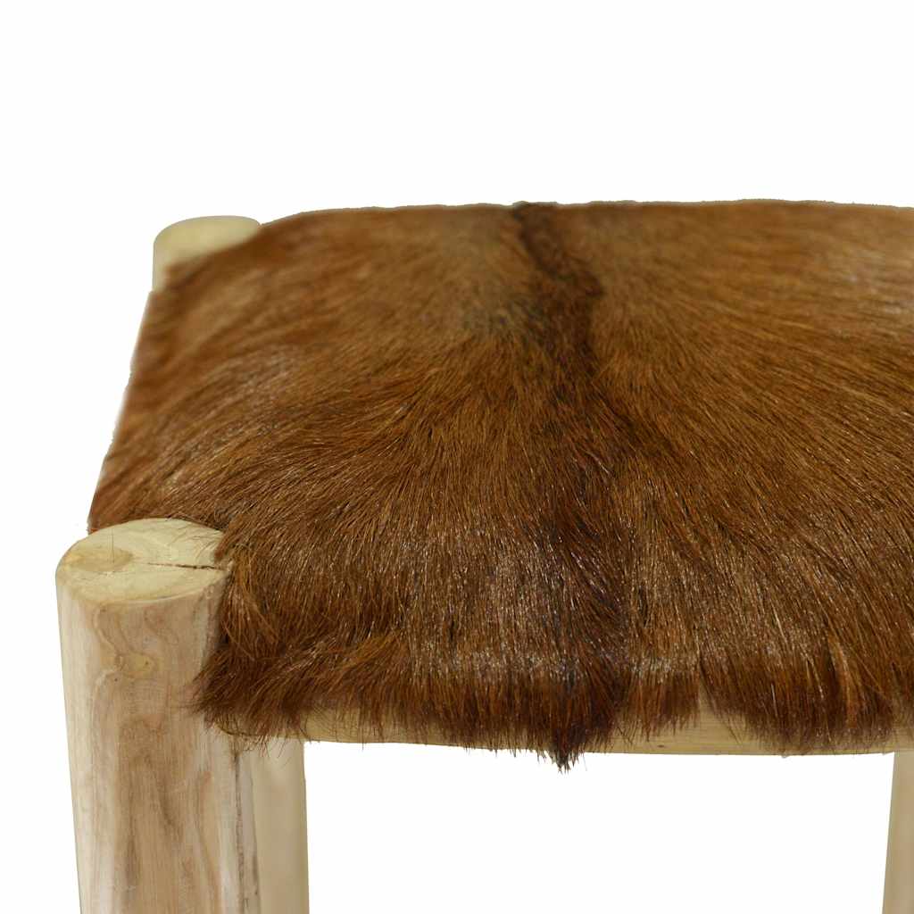 Bar Stool Goatskin Leather and Solid Teak Wood