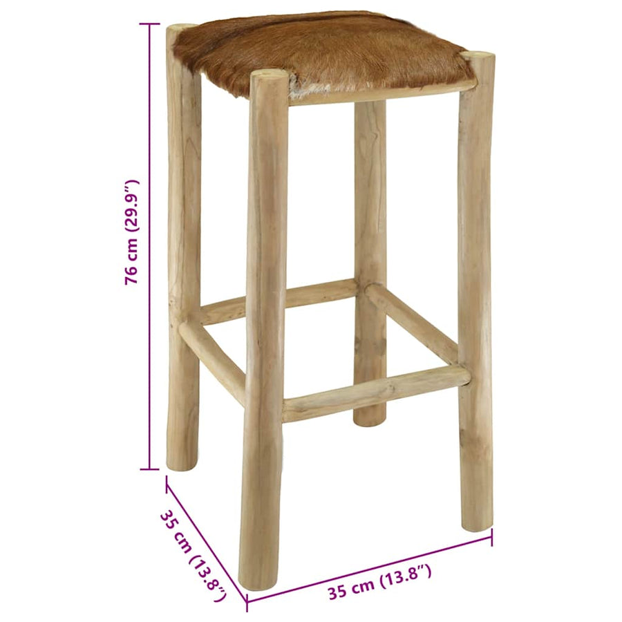 Bar Stool Goatskin Leather and Solid Teak Wood