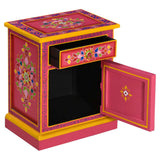 Bedside Cabinet Solid Mango Wood Pink Hand Painted - Front View