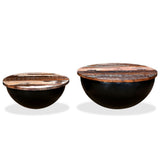 Coffee Table Set 2 Pieces Solid Reclaimed Wood Black Bowl Shape - Front View