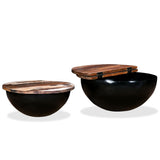 Coffee Table Set 2 Pieces Solid Reclaimed Wood Black Bowl Shape - Side View