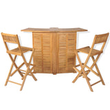 3 Piece Bistro Set with Folding Chairs Solid Teak Wood - Front View