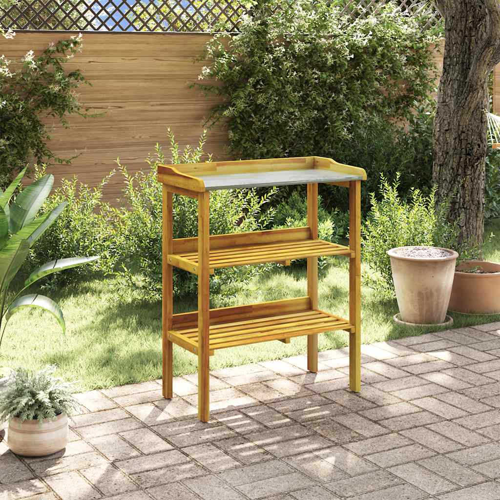 Potting Bench with 2 Shelves Solid Acacia Wood and Zinc