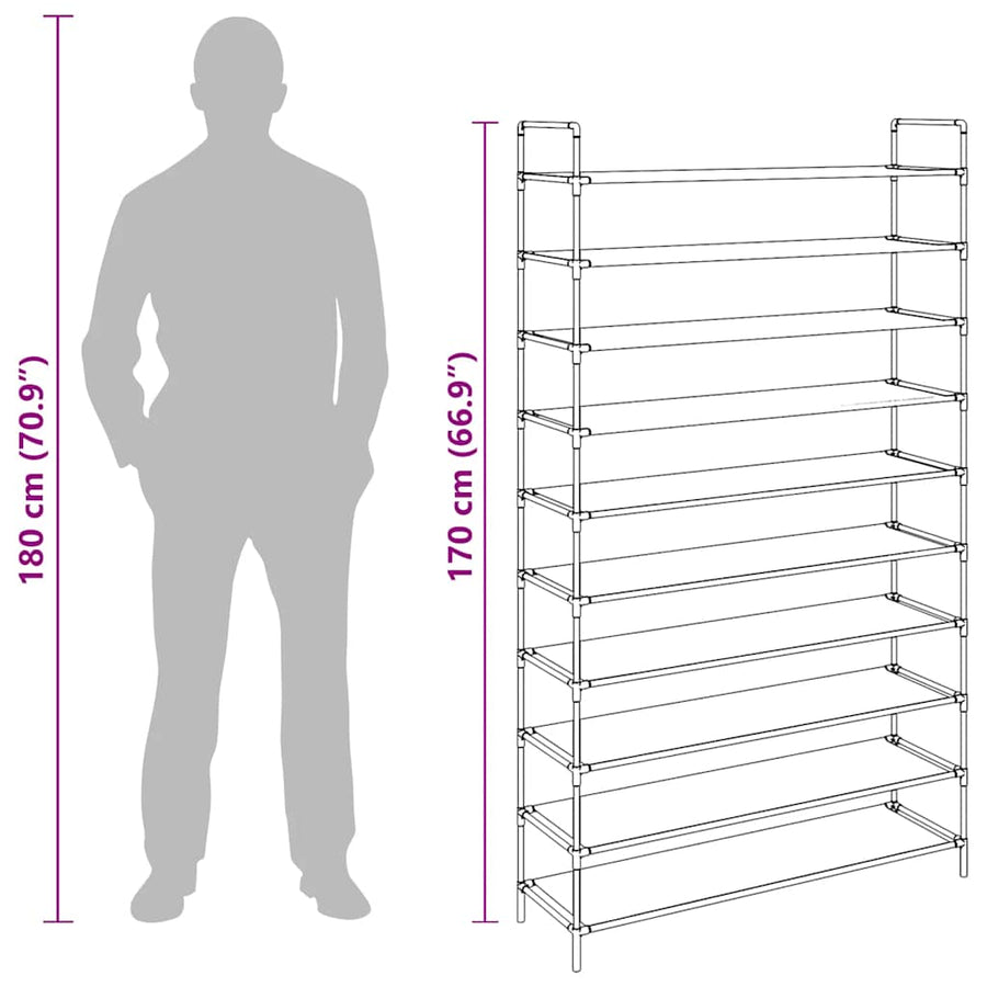 Shoe Rack with 10 Shelves Metal and Non-woven Fabric Black