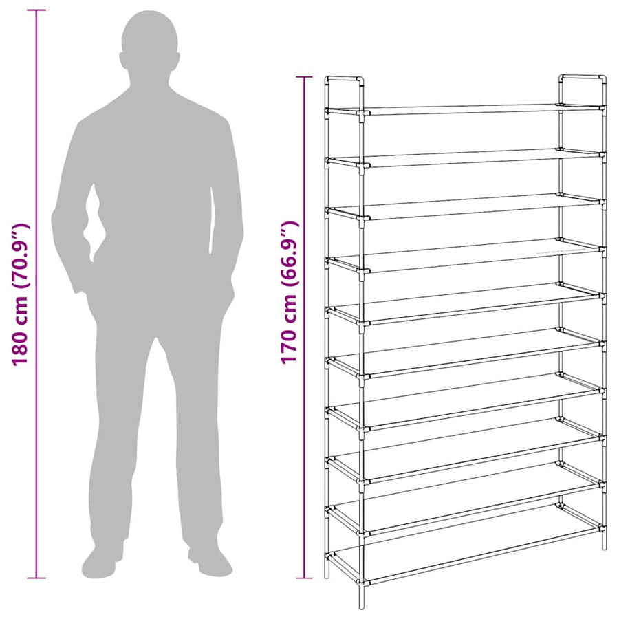 Shoe Rack with 10 Shelves Metal and Non-woven Fabric Silver