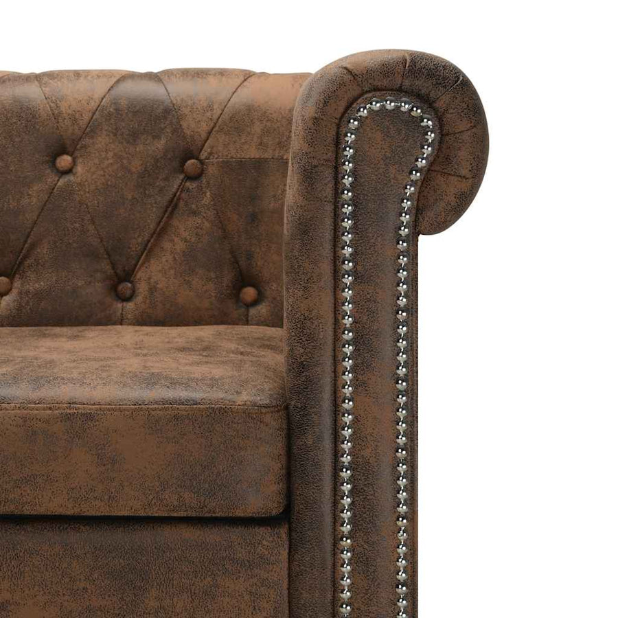 L-shaped Chesterfield Sofa Artificial Suede Leather Brown