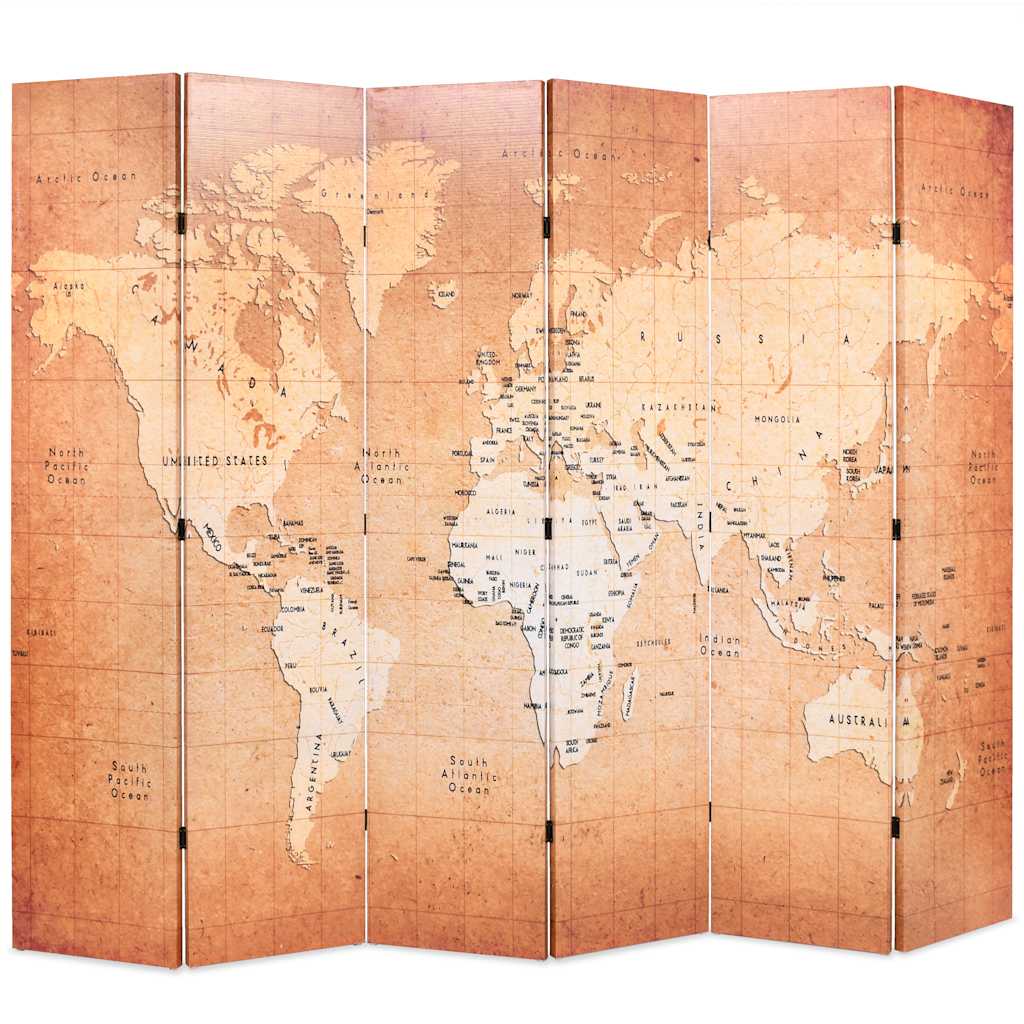 Folding Room Divider 228x180 cm World Map Yellow