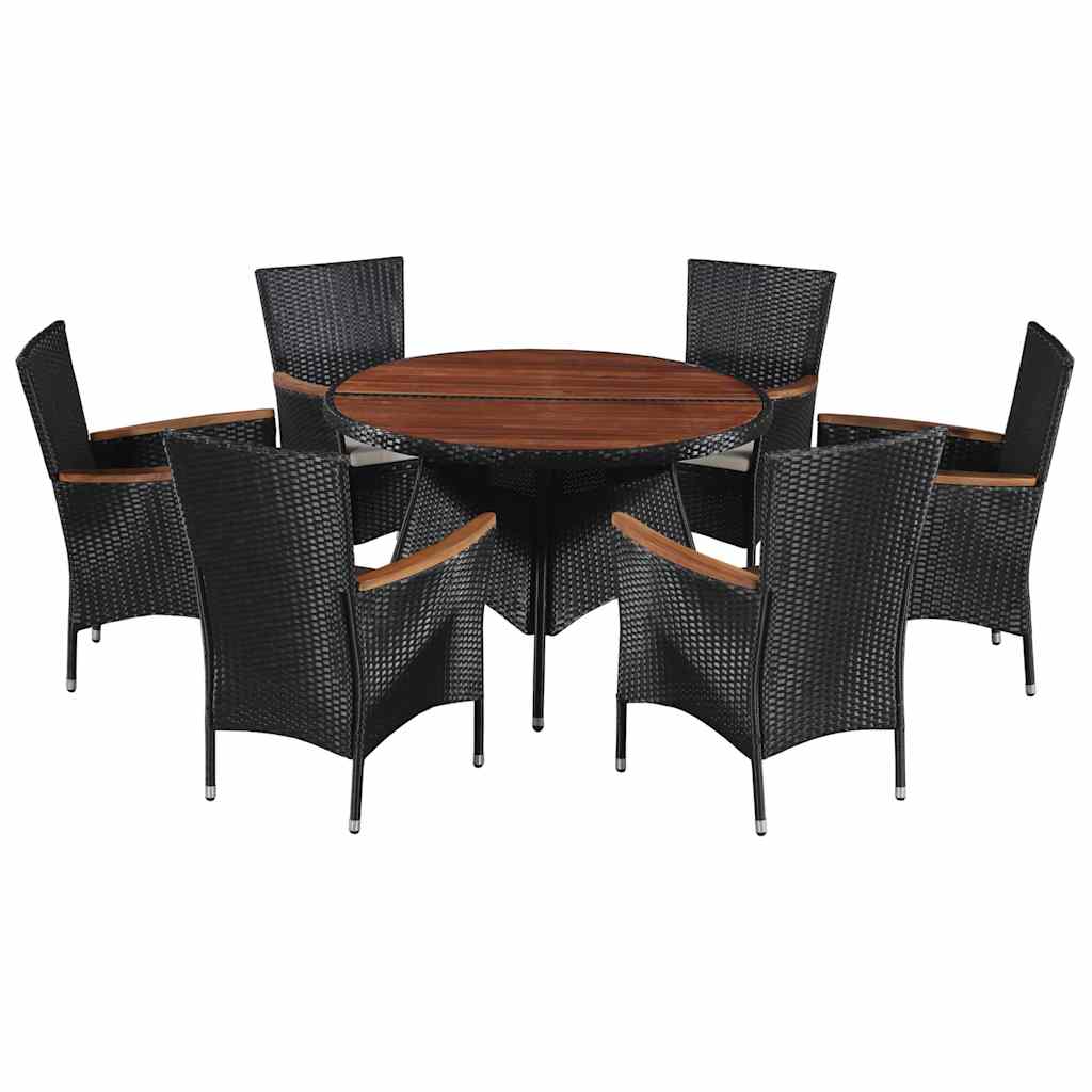 7 Piece Outdoor Dining Set Poly Rattan and Acacia Wood Black