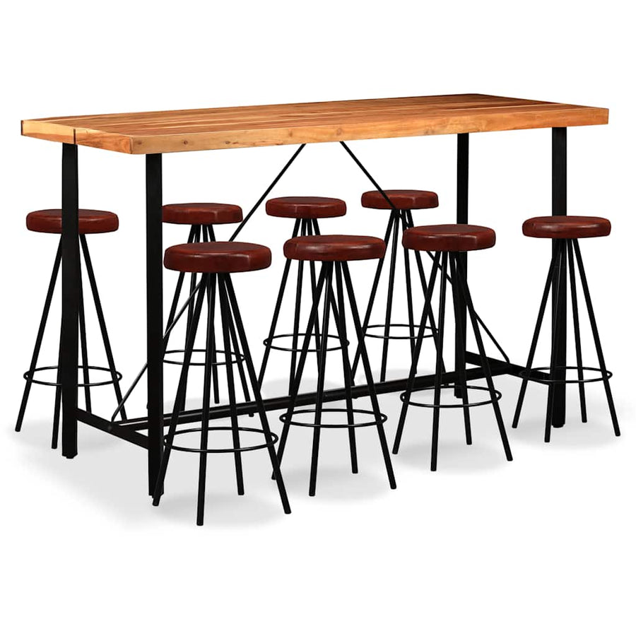 Bar Set 9 Pieces Solid Acacia Wood and Genuine Leather