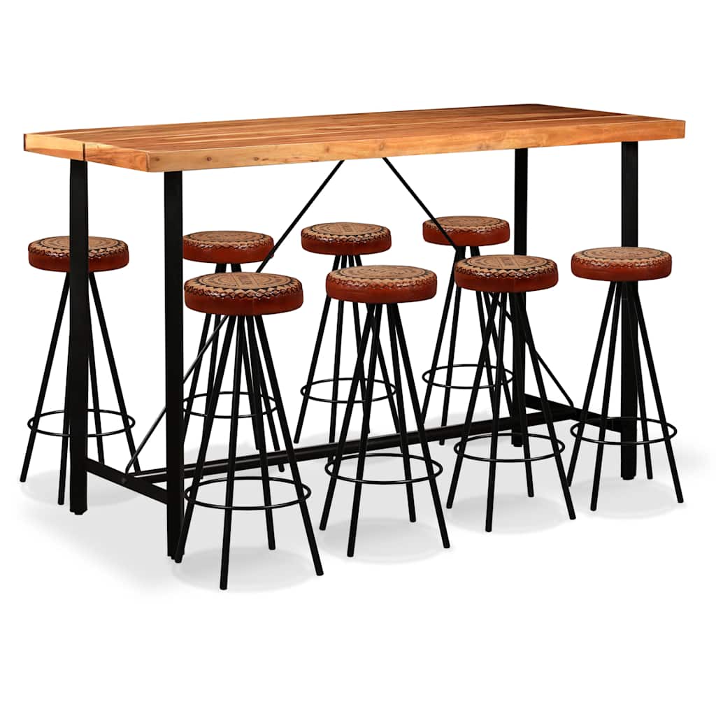 Bar Set 9 Pieces Solid Acacia Wood, Genuine Leather & Canvas