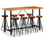 Bar Set 9 Pieces Solid Acacia Wood, Genuine Leather & Canvas