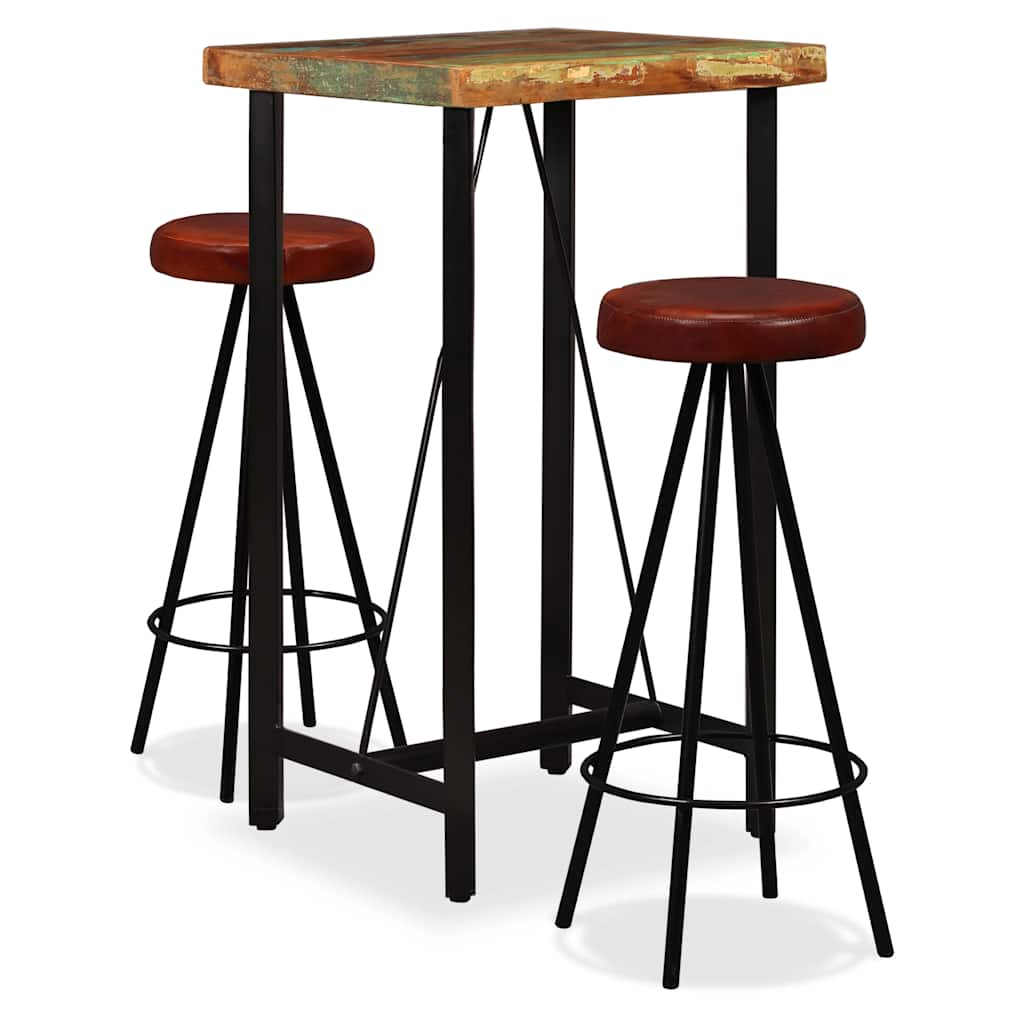 Bar Set 3 Pieces Solid Wood Reclaimed and Genuine Leather