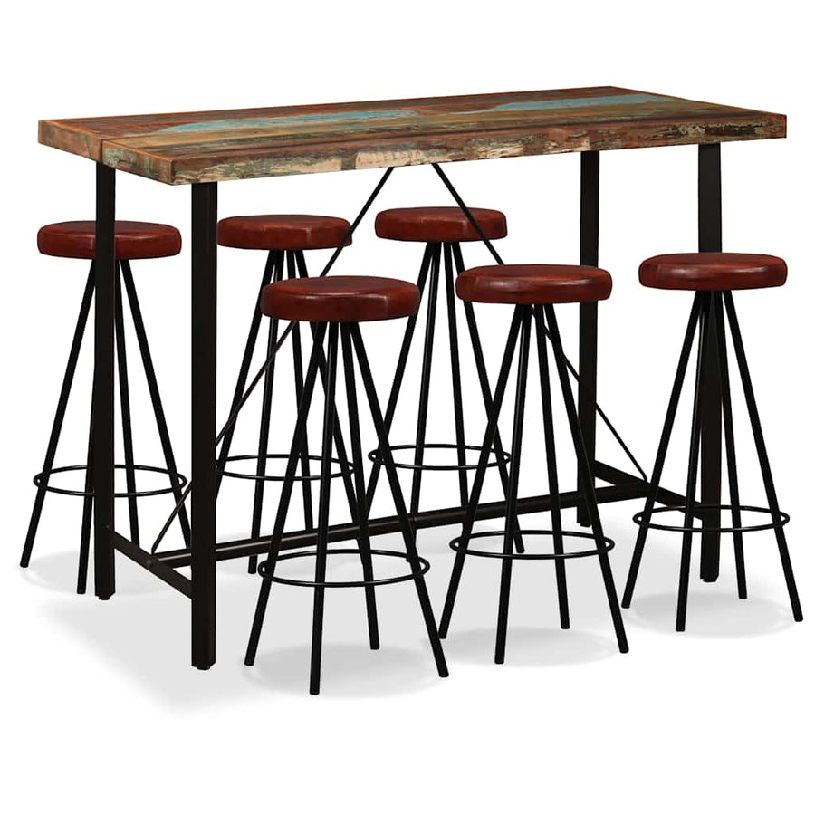Bar Set 7 Pieces Solid Reclaimed Wood and Genuine Leather