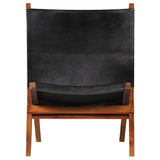 Folding Relaxing Chair Black Real Leather - Front View