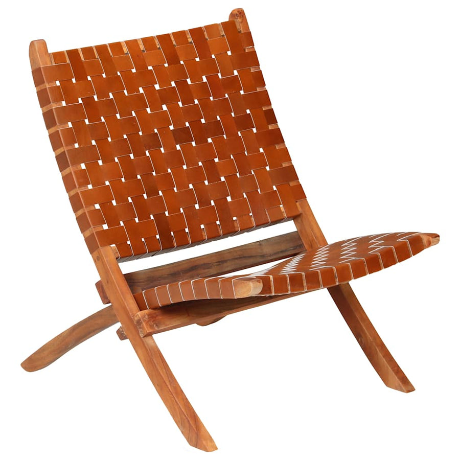 Folding Chair Crossed-Stripe Brown Real Leather
