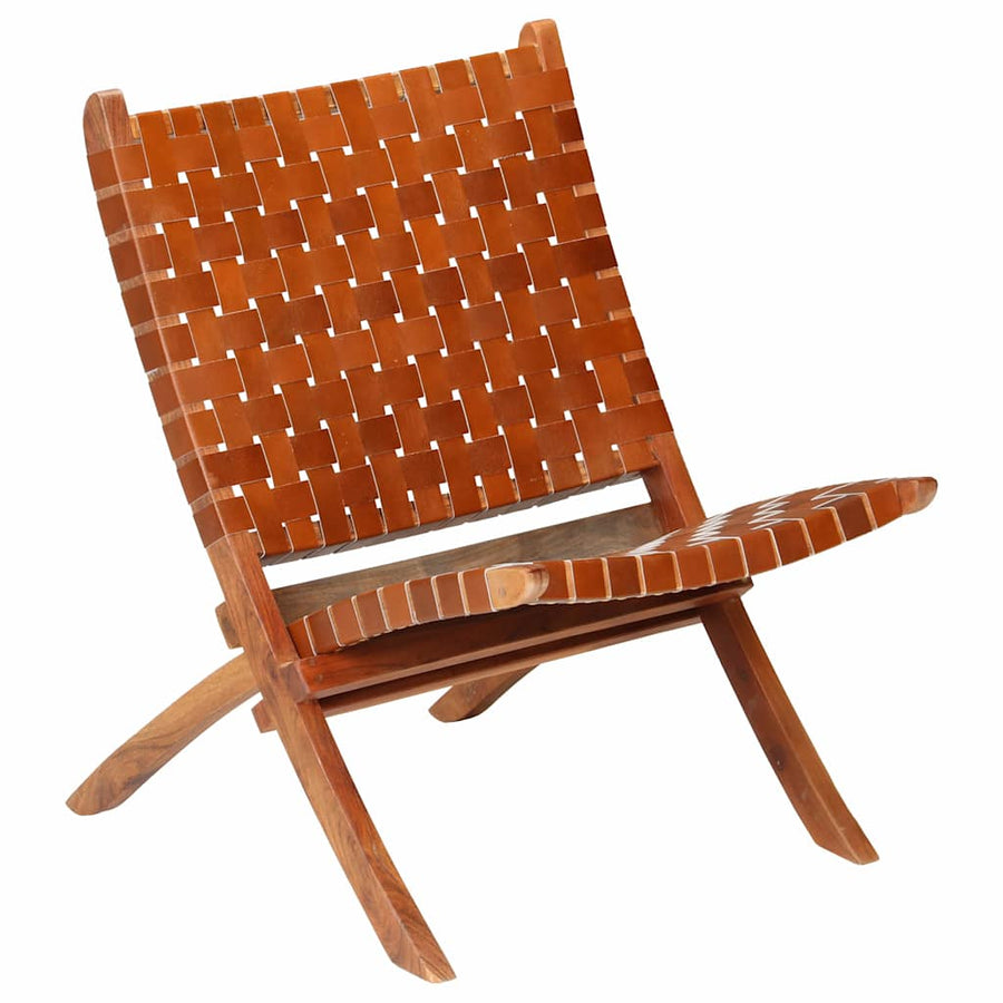 Folding Chair Crossed-Stripe Brown Real Leather