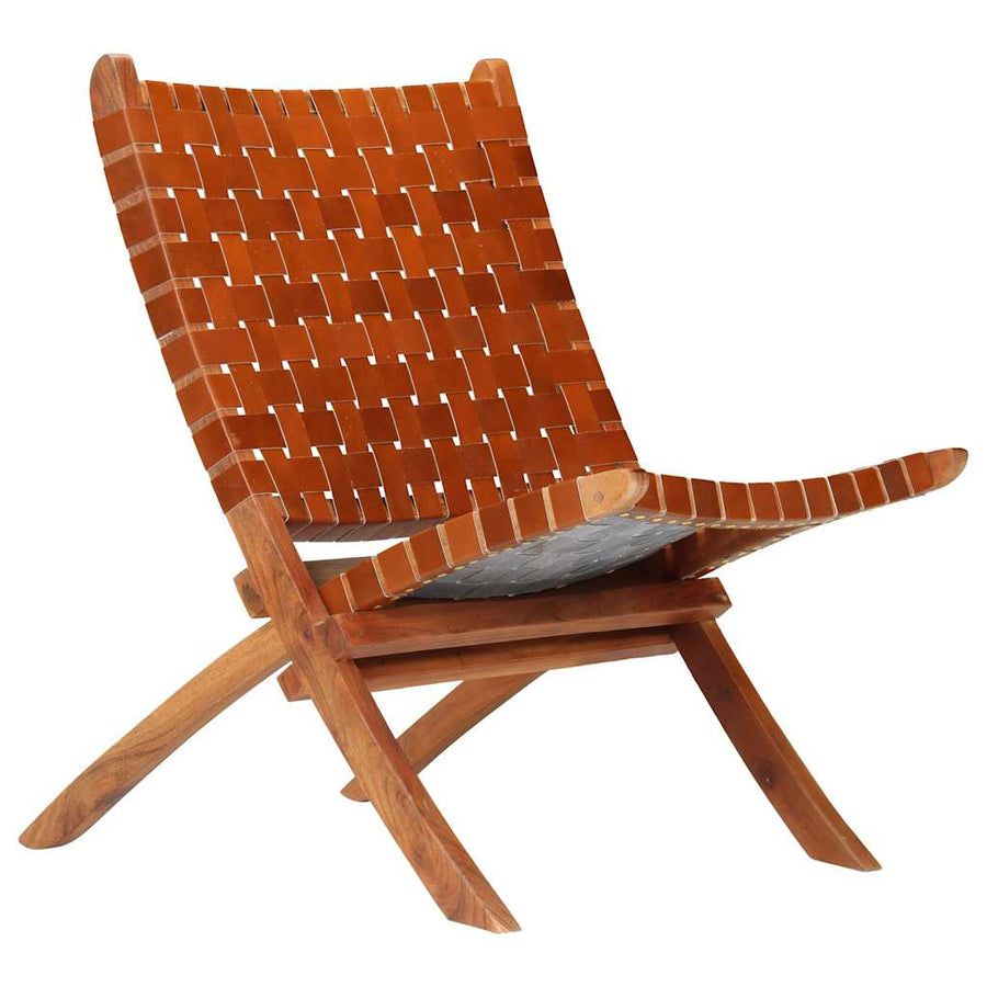 Folding Chair Crossed-Stripe Brown Real Leather