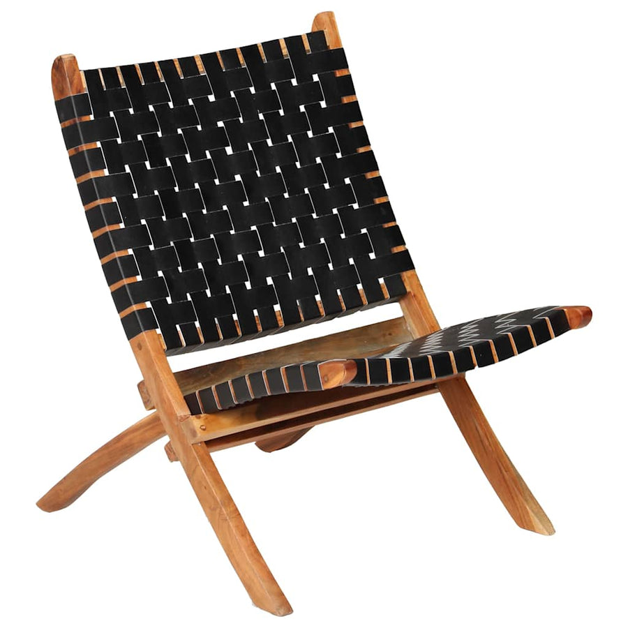 Folding Chair Crossed-Stripe Black Real Leather